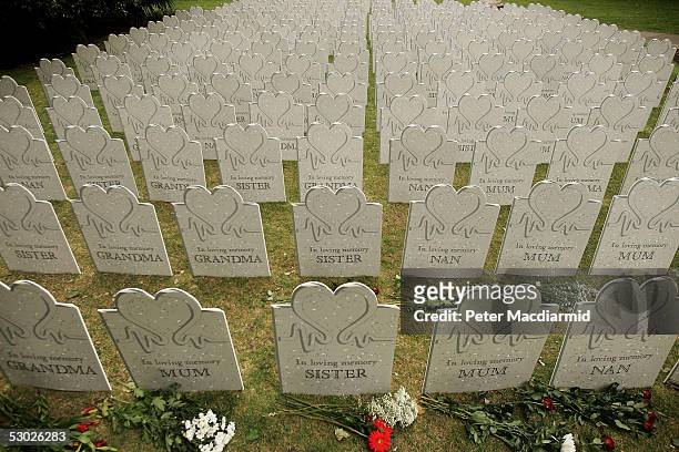 The British Heart Foundation launches 'Help a Heart Week' with a temporary graveyard in Soho Square on June 6, 2005 in London. Clusters of similar...
