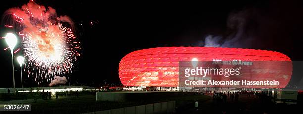 General view of the Allianz Arena with fireworks during the opening game of the Allianz Arena between Bayern Munich and German Football National Team...