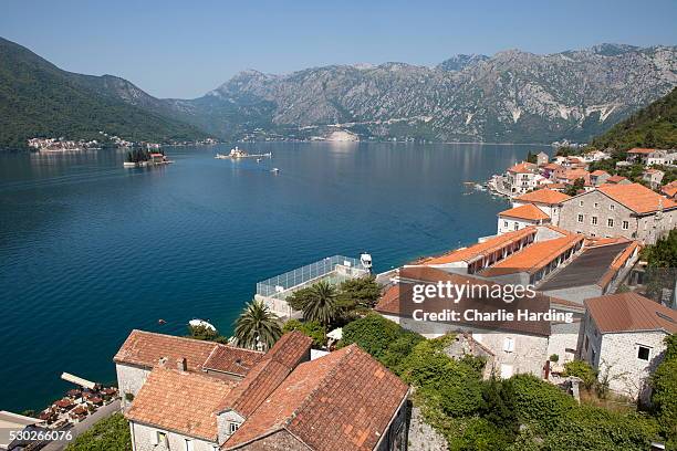 view from st. nicholas church with st. george island and our lady of the rocks, bay of kotor, unesco world heritage site, montenegro, europe - our lady of the rocks stock pictures, royalty-free photos & images