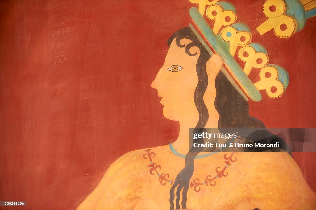 Prince of Lilies fresco, Minoan archaeological site of Knossos, Crete, Greek Islands, Greece, Europe