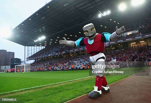 West Ham United mascot Hammerhead walks along the touchline prior to the Barclays Premier League match between West Ham United and Manchester United...