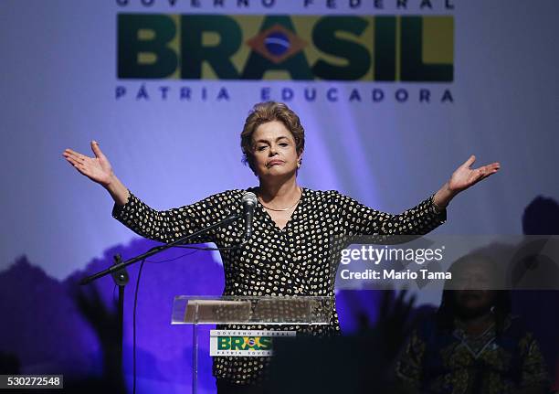 Embattled Brazilian President Dilma Rousseff speaks at a women's conference on May 10, 2016 in Brasilia, Brazil. Rousseff is facing an impeachment...
