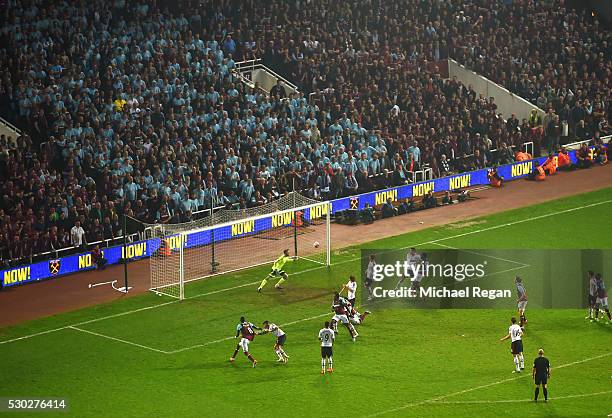 Winston Reid of West Ham United scores their third goal during the Barclays Premier League match between West Ham United and Manchester United at the...