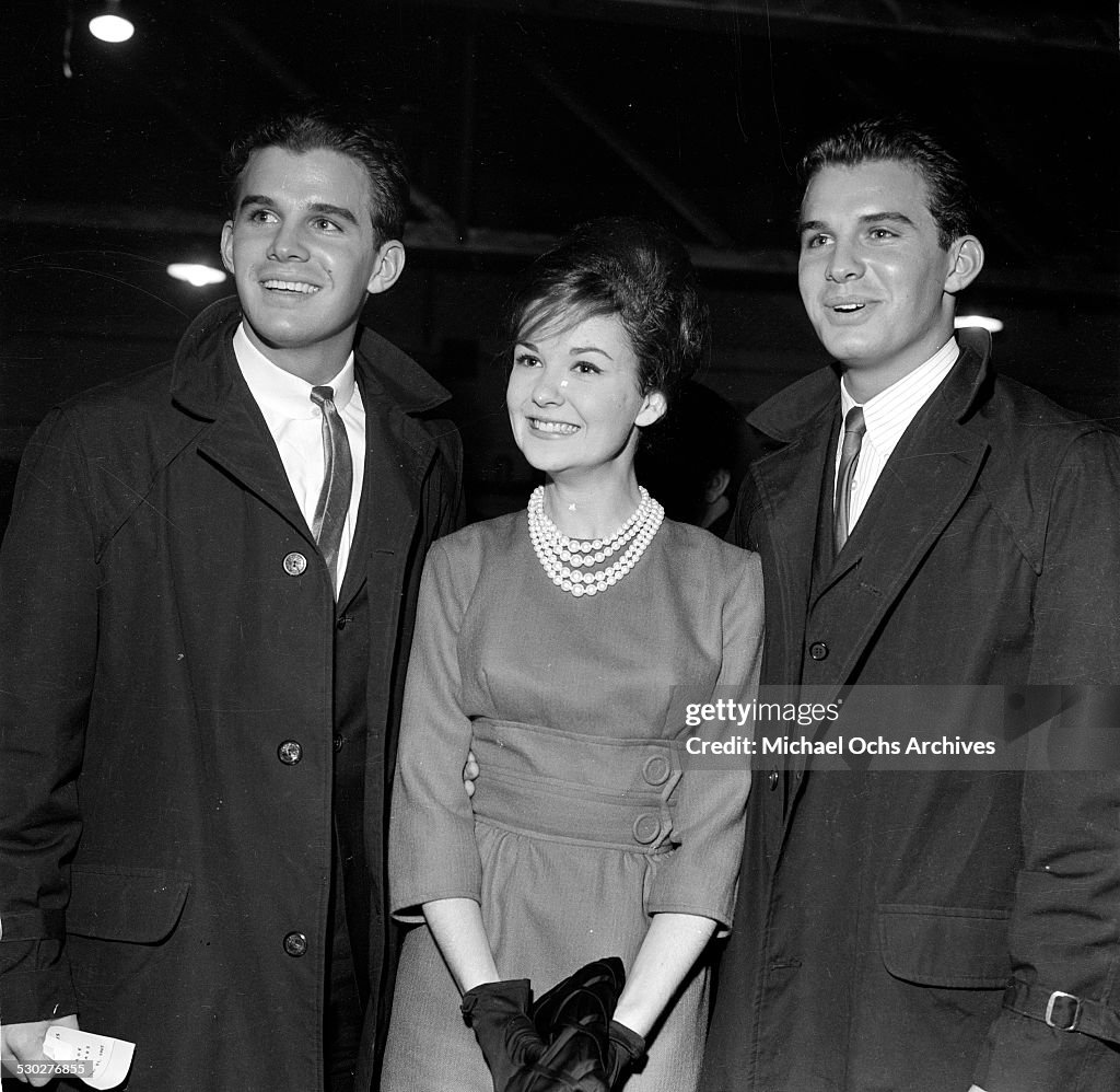 Dark Rambo Twin actors Dirk and Dack Rambo pose with Shelley Fabares during an ...