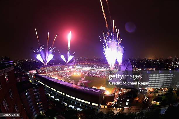 Fireworks expode over the stadium after the Barclays Premier League match between West Ham United and Manchester United at the Boleyn Ground on May...