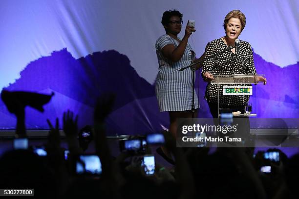 Embattled Brazilian President Dilma Rousseff speaks at a women's rights conference on May 10, 2016 in Brasilia, Brazil. Rousseff is facing an...