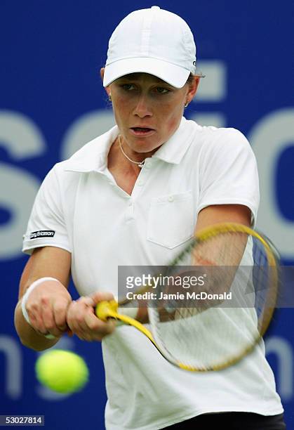 Samantha Stosur of Australia plays a backhand during her first round match against Antonella Serra Zanetti of Italy during the DFS Classic Womens...