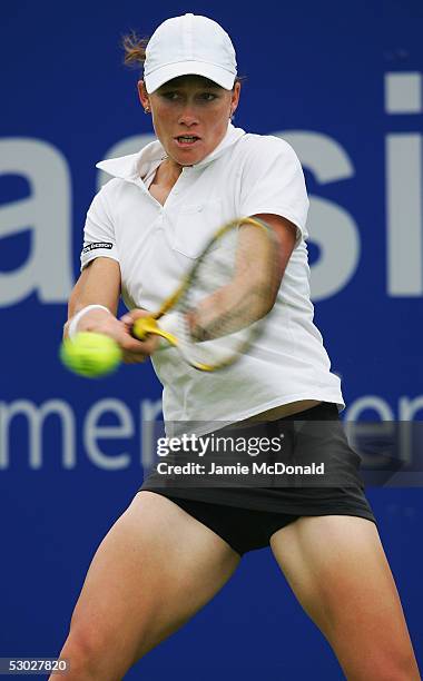 Samantha Stosur of Australia plays a backhand during her first round match against Antonella Serra Zanetti of Italy, in the DFS Classic Womens...