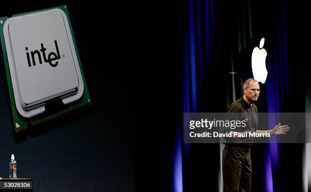 Apple CEO Steve Jobs opens the Apple Worldwide Developers conference with his keynote speech on June 6, 2005 at the Moscone Center in San Francisco,...