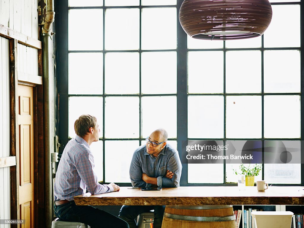 Smiling businessman in discussion with colleague