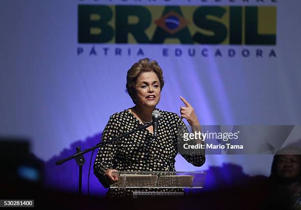 Embattled Brazilian President Dilma Rousseff speaks at a women's rights conference on May 10, 2016 in Brasilia, Brazil. Rousseff is facing an...