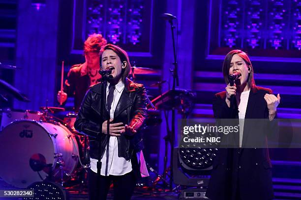 Episode 0468 -- Pictured: Tegan Quin and Sara Quin of musical guest Tegan And Sara perform on May 10, 2016 --