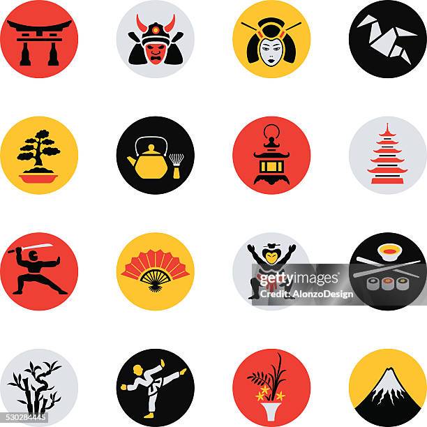 ilustrações, clipart, desenhos animados e ícones de conjunto de ícones do japão - samurai