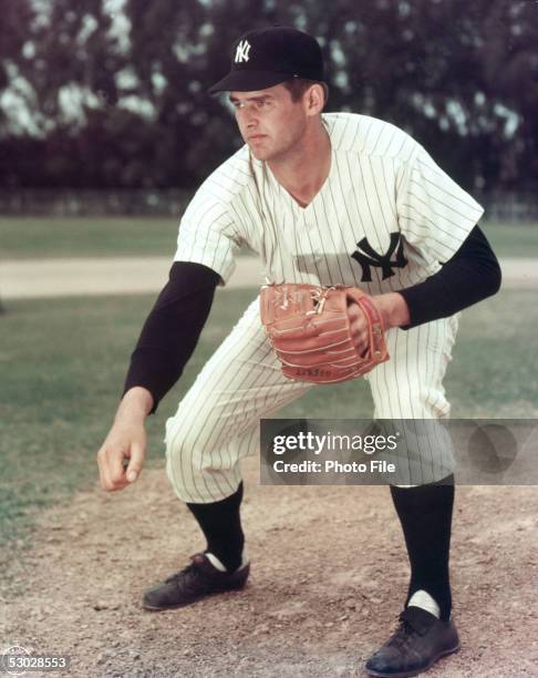 Don Larsen of the New York Yankees poses for an action portrait before a season game. Don Larsen played for the New York Yankees from 1953-1959.