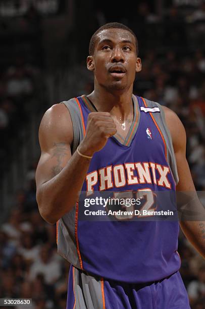 Amare Stoudemire of the Phoenix Suns pumps his fist against the San Antonio Spurs in Game three of the Western Conference Finals during the 2005 NBA...