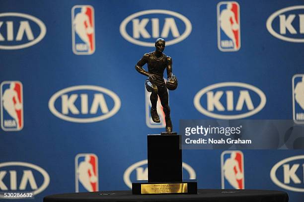 The Maurice Podoloff Trophy is seen at a press conference where it was announced that Stephen Curry won the 2015-16 Kia Most Valuable Player Award on...