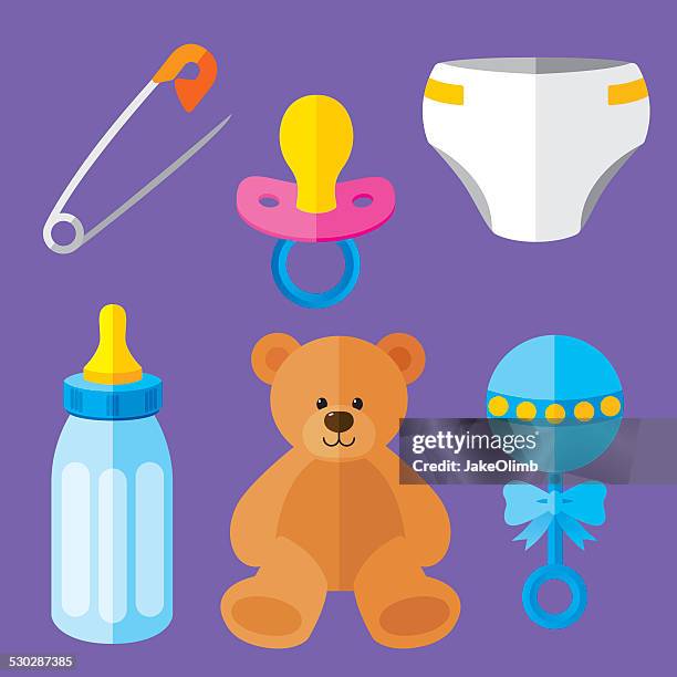 baby items flat - milk bottle stock illustrations