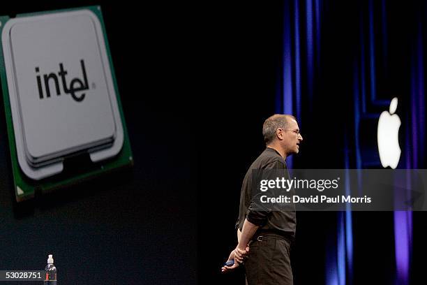 Apple CEO Steve Jobs opens the Apple Worldwide Developers conference with his keynote speech at the Moscone Center on June 6, 2005 in San Francisco,...