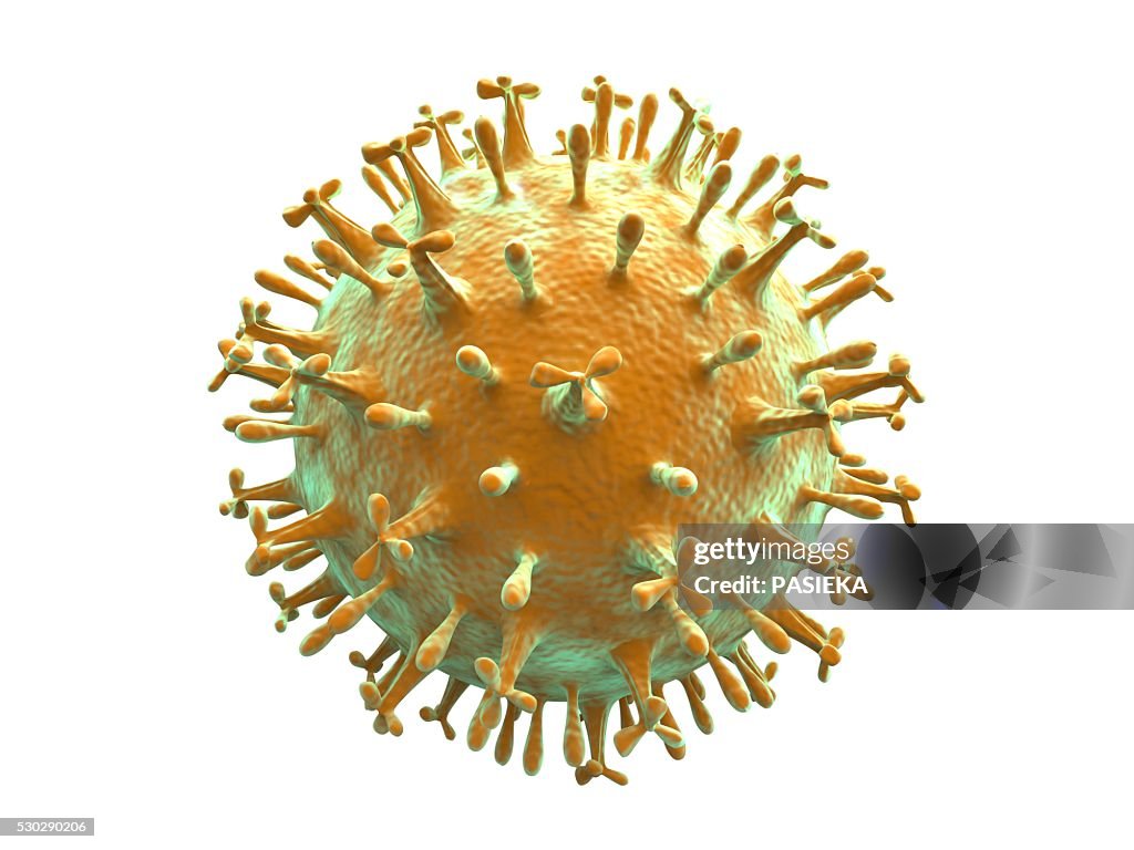 Computer artwork of a generic virus particle, depicting virus types like corona, bird flu, aids, influenza, swine flu and herpes.