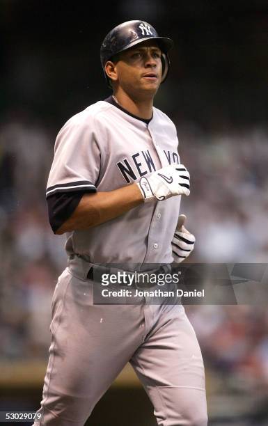 Alex Rodriguez of the New York Yankees draws a walk against the Milwaukee Brewers on June 6, 2005 at Miller Park in Milwaukee, Wisconsin.