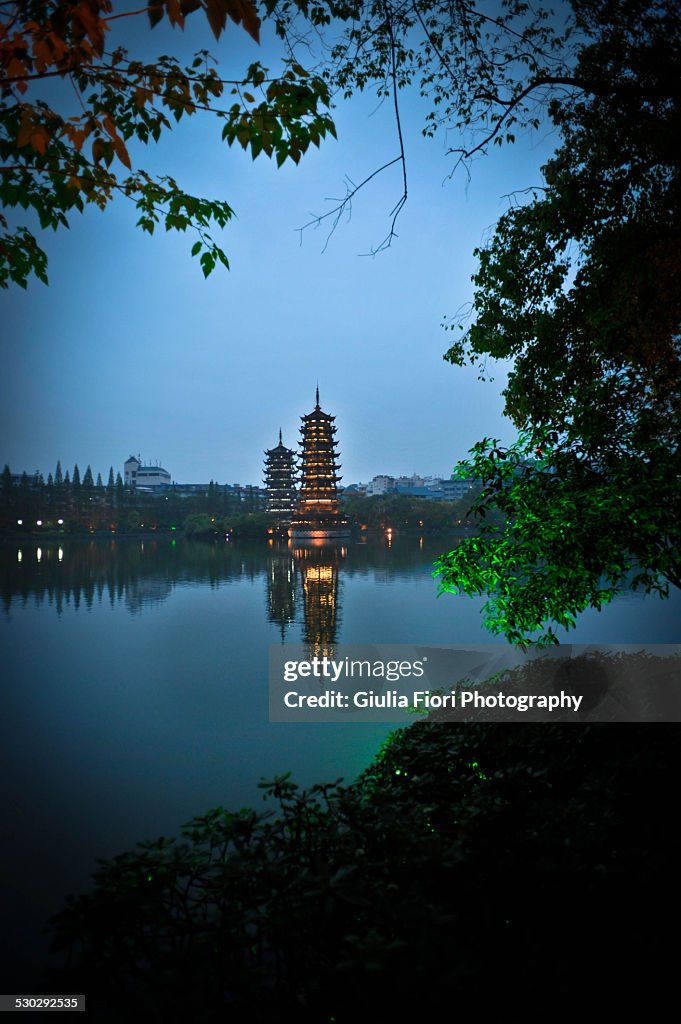 Sun and Moon Twin pagodas at twilight