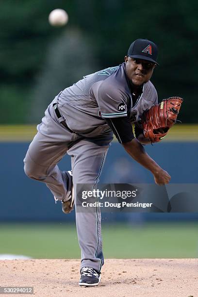 Starting pitcher Rubby De La Rosa of the Arizona Diamondbacks delivers against the Colorado Rockies at Coors Field on May 10, 2016 in Denver,...