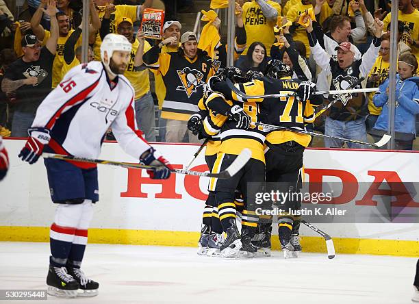 Phil Kessel of the Pittsburgh Penguins celebrates his second period goal against the Washington Capitals in Game Six of the Eastern Conference Second...