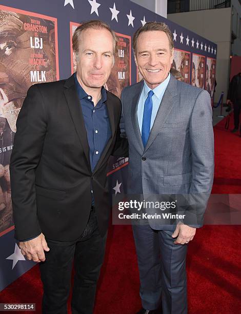 Actors Bob Odenkirk, left, and Bryan Cranston attend the "All The Way" Los Angeles Premiere at Paramount Studios on May 10, 2016 in Hollywood City.