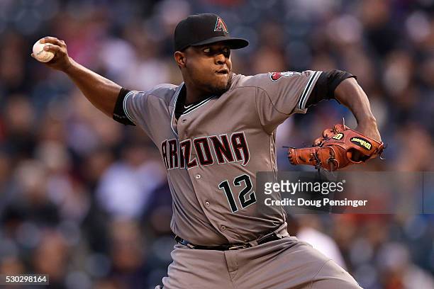 Starting pitcher Rubby De La Rosa of the Arizona Diamondbacks delivers against the Colorado Rockies at Coors Field on May 10, 2016 in Denver,...
