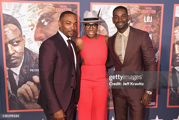 Actors Anthony Mackie, Aisha Hinds and Mo McRae attend the "All The Way" Los Angeles Premiere at Paramount Studios on May 10, 2016 in Hollywood City.