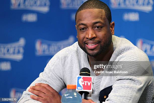 Dwyane Wade of the Miami Heat talks with the press after the game against the Toronto Raptors in Game Four of the Eastern Conference Semifinals...