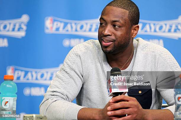 Dwyane Wade of the Miami Heat talks with the press after the game against the Toronto Raptors in Game Four of the Eastern Conference Semifinals...