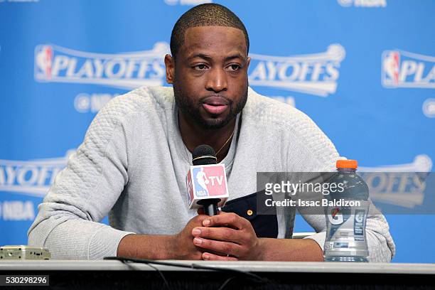 Dwyane Wade of the Miami Heat talks with the press after the game against the Toronto Raptors in Game Four of the Eastern Conference Semifinals...