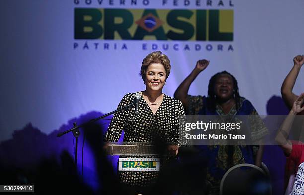 Embattled Brazilian President Dilma Rousseff speaks at a women's conference on May 10, 2016 in Brasilia, Brazil. Rousseff is facing an impeachment...