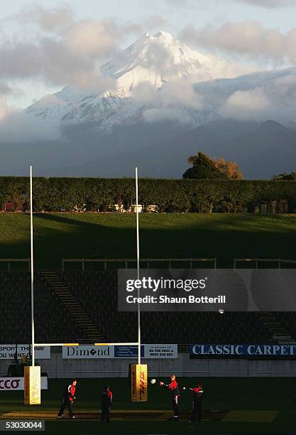 The Lions players walk the pitch the day before the match against Taranaki during the British and Irish Lions captains run at the Yarrow Stadium on...