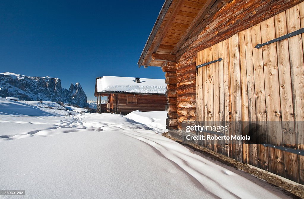 Traditional mountain hut in Seiser Alm, South Tyrol, Dolomites, Italy, Europe