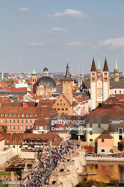 old bridge over the main river, augustinerkirche church, neumuenster collegiate church, grafeneckart tower, townhall, cathedral of st. kilian, wurzburg, franconia, bavaria, germany, europe - wurzburg stock pictures, royalty-free photos & images