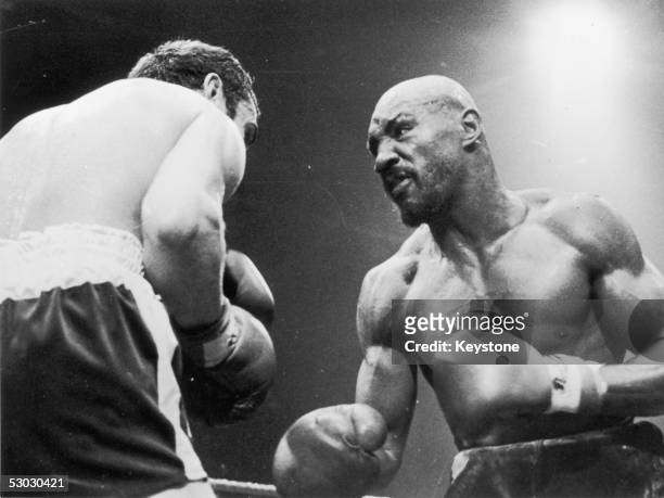 American middleweight boxer Marvin Hagler during his fight with Alan Minter which was stopped in the third round due to Minter's injuries, 27th...