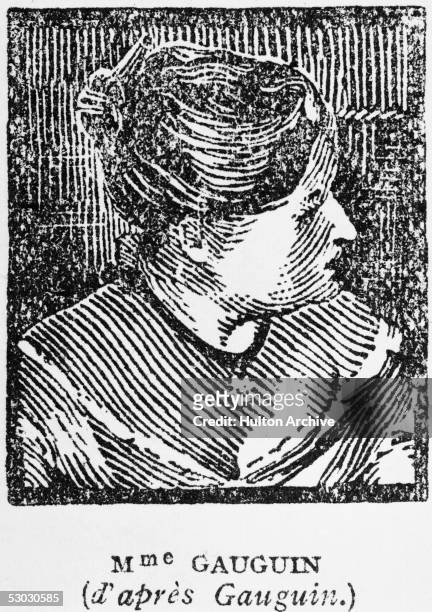 Wood engraving of Mette-Sophie Gauguin after the painting 'Madame Mette Gauguin in Evening Dress' by her husband, French artist Paul Gauguin, circa...