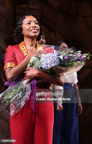 Heather Headley taking her first curtain call in 'The Color Purple' at the Bernard B. Jacobs Theatre on May 10, 2016 in New York City.