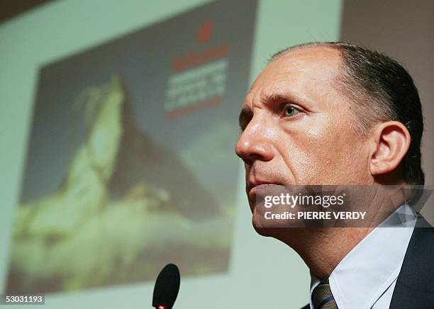 French outdoor generalist Lafuma's chairman Philippe Joffard presents 07 June 2005 during a press conference in Paris, the last results of his group...