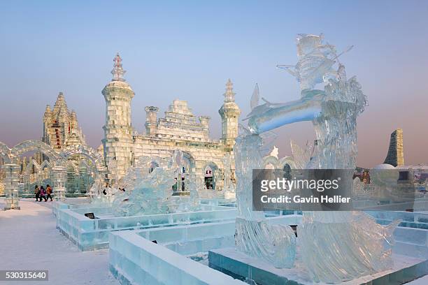 spectacular ice sculptures at the harbin ice and snow festival in harbin, heilongjiang province, china, asia - harbin stock pictures, royalty-free photos & images