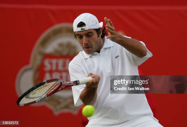 Sebastien Grosjean of France in action during his first round match against Guillermo Garcia-Lopez of Spain at the Stella Artois Tennis Championships...