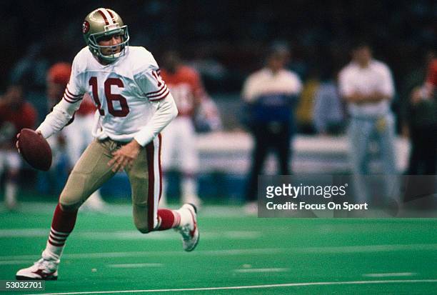 Quarterback Joe Montana of the San Francisco 49ers in action during the NFL Super Bowl XXIV Game against the Denver Broncos at the Louisiana...