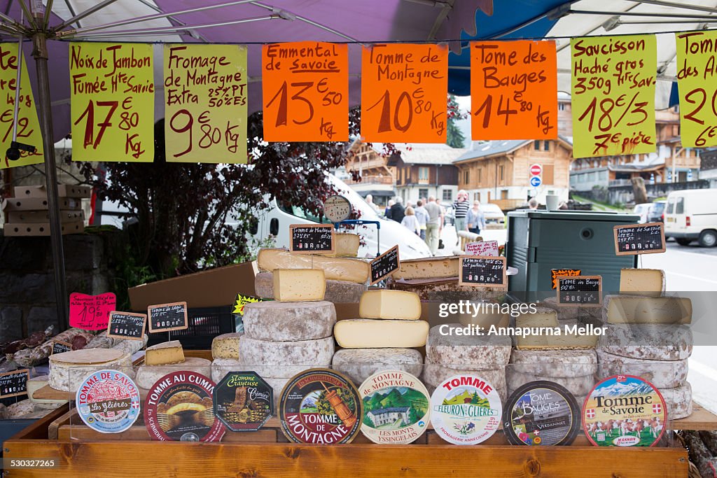 Cheese stand in Les Gets market, French Alps