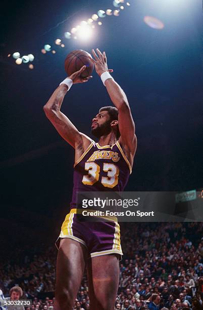 Los Angeles Lakers' center Kareem Abdul Jabbar makes a jumpshot. NOTE TO USER: User expressly acknowledges and agrees that, by downloading and or...