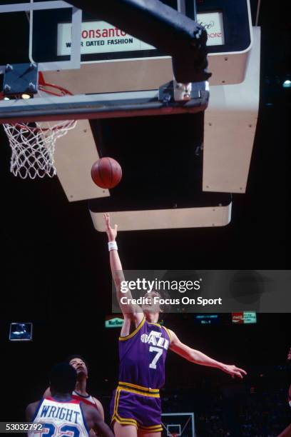 Utah Jazz's guard Pete Maravich shoots near the basket during a game against the Washington Bullets at Capital Center circa 1978 in Washington, D.C.....