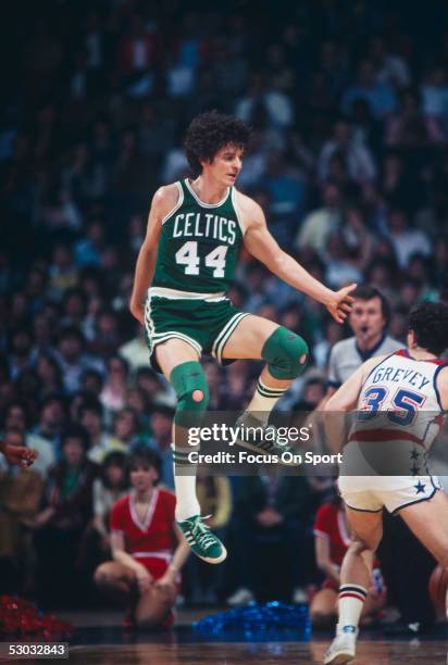 Boston Celtics' guard Pete Maravich jumps on the court during a game against the Washington Bullets at Capital Center circa 1980 in Washington, D.C.....