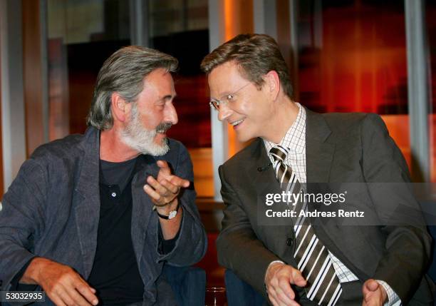 Guido Westerwelle , head of the FDP politicial party and Helmut Dietl , Regisseur, attends the Johannes B. Kerner Show on June 07, 2005 in Hamburg,...