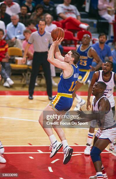 Golden State Warriors' forward Chris Mullin makes a jumpshot against the Washington Bullets at Capital Center circa the 1990's in Washington, D.C.....